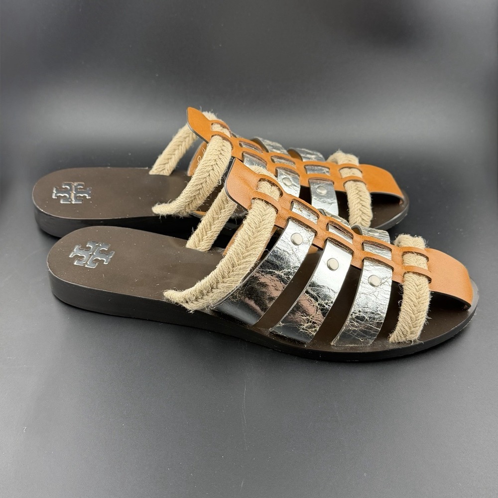 Tory Burch Fisherman Mule Sandal Brandy/Silver Leather Size 8 *See Closeup As-Is